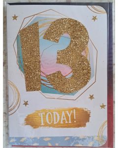 Female Age 13 13th Birthday Card. Glitter Finish. 19x13cm