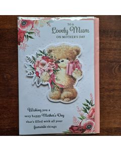 To A Lovely Mum On Mother's Day Mothers Day Card Teddy/Pink Flowers+Present/Silver Words 3D/Glitter/Foil Detail(PRELUDE47684)