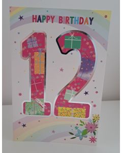 Girls 12 Today Birthday Card. Colourful Design. 19x13cm