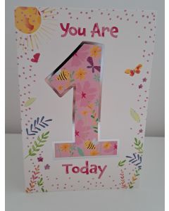Girls 1 Today Birthday Card. Colourful Design. 19x13cm