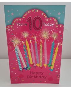 Girls 10 Today Birthday Card. Pink Candle Design. 19x13cm