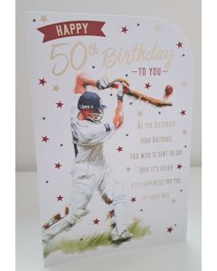 Male 50th Birthday Card. Cricket Themed. 23x15ccm