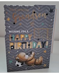 Grandson Birthday Card. Teddy Bear/Football Theme. 19x13cm