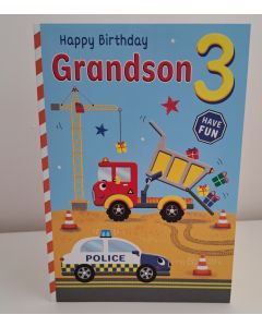 Grandson Age 3 Birthday Card. Tractor, Police, Construction Themed. 23x15cm