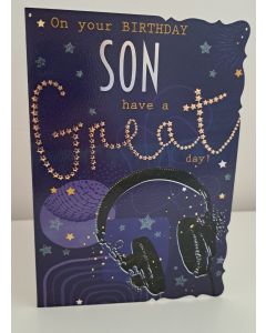 On Your Birthday Son Card. Headphone Design. 19x13cm