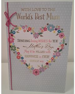 Mother's Day Card. Worlds Best Mum . 23x15cm (9x6 Inches)