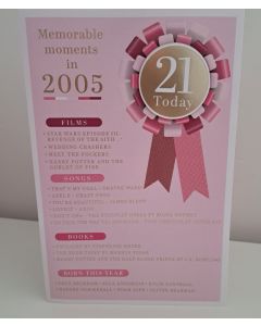 Female Age 21 Birthday Card. Born in 2005 with Memorable Moments. 23x15cm 
