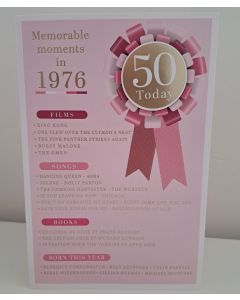 Female Age 50 Birthday Card. Born in 1976 with Memorable Moments. 23x15cm 