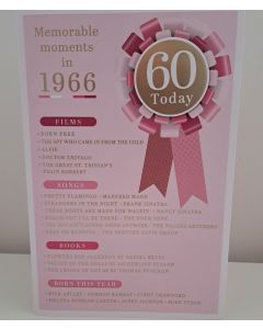 Female Age 60 Birthday Card. Born in 1966 with Memorable Moments. 23x15cm 
