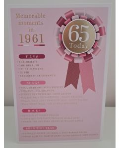 Female Age 65 Birthday Card. Born in 1961 with Memorable Moments. 23x15cm 