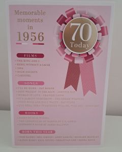 Female Age 70 Birthday Card. Born in 1956 with Memorable Moments. 23x15cm 