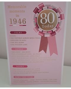 Female Age 80 Birthday Card. Born in 1946 with Memorable Moments. 23x15cm