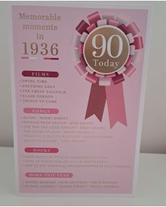 Female Age 90 Birthday Card. Born in 1936 with Memorable Moments. 23x15cm 