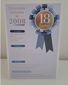 Male Age 18 Birthday Card. Born in 2008 with Memorable Moments. 23x15cm 