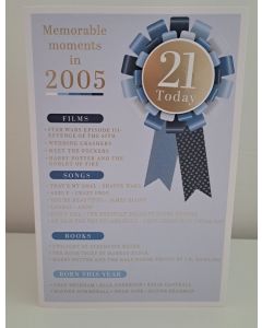Male Age 21 Birthday Card. Born in 2005 with Memorable Moments. 23x15cm 
