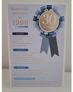 Male Age 30 Birthday Card. Born in 1996 with Memorable Moments. 23x15cm 