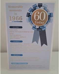 Male Age 60 Birthday Card. Born in 1966 with Memorable Moments. 23x15cm 