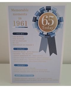 Male Age 65 Birthday Card. Born in 1961 with Memorable Moments. 23x15cm 