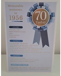 Male Age 70 Birthday Card. Born in 1956 with Memorable Moments. 23x15cm 