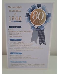 Male Age 80 Birthday Card. Born in 1946 with Memorable Moments. 23x15cm 
