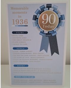Male Age 90 Birthday Card. Born in 1936 with Memorable Moments. 23x15cm 
