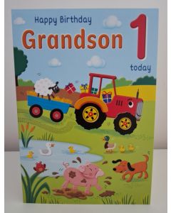 Age 1 Grandson Birthday Card. Farm Tractor Theme. 23x15cm