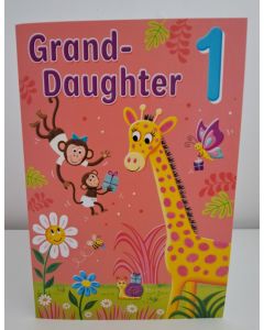 Age 1 Granddaughter Birthday Card. Giraffe and Monkey Theme. 23x15cm