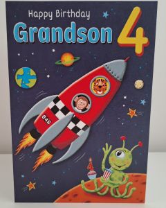 Age 4 Grandson Rocket Ship Themed Birthday Card. 23x15cm