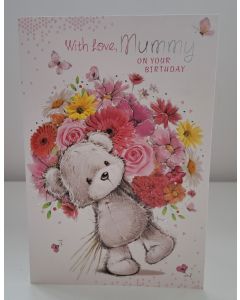 Mummy Birthday Card. Teddy Bear and Flowers. 19x13cm