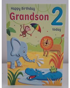 Grandson Age 2 Birthday Card. Jungle Animals Theme. 23x15cm