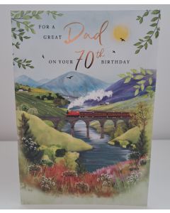 Dad 70th BirthdayCard. Steam Train Going Over Bridge Design. 23x15cm