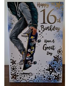 Boys 16th Birthday Card. Skateboard Design. Age 16. 23x15cm