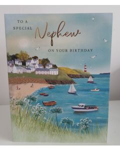 Nephew Birthday Card. Seaside Costal Scene. 19x13cm
