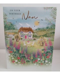 Nan Birthday Card. Country Cottage Scene. 19x13cm