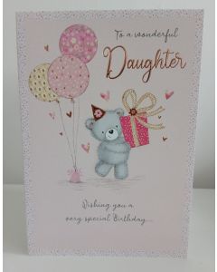 Daughter Birthday Card. Teddy Bear Holding Present. 23x15cm