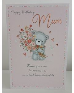 Mum Birthday Card. Teddy Bear Holding Flowers. 23x15cm