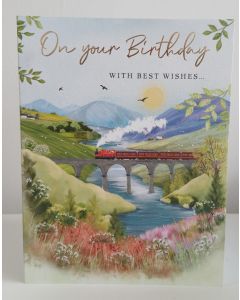 Male Birthday Card. Train Going Over Bridge. 19x13cm