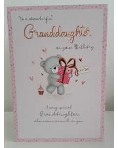 Granddaughter Birthday Card. Teddy Bear and Presents Design. 23x15cm