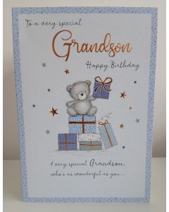 Grandson Birthday Card. Teddy Bear and Presents Theme. 23x15cm