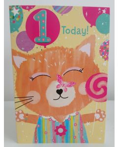 Girls 1st Birthday Card. Age 1 Card. Cat Themed. 19x13cm