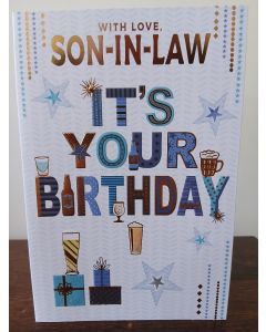 Son-in-Law Happy Birthday Card. Beers and Presents. 23x15cm