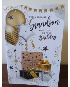 Grandson Birthday Card. Balloons and Presents. 23x15cm