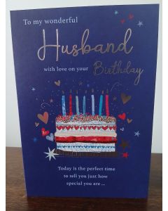 To A Wonderful Husband Birthday Card. Cake and Candle Themed. 23x15cm