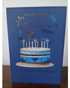 To A Wonderful Grandson Birthday Card. Cake and Candle Themed. 23x15cm