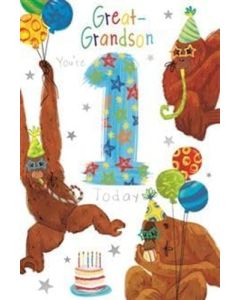 Great Grandson 1st Birthday Card. Age 1. Gorilla Themed. 23x15cm
