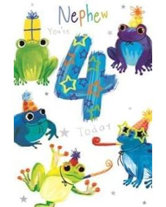 Nephew 4th Birthday Card. Age 4. Frog Themed. 23x15cm