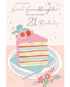 Great Granddaughter 21st Birthday Card. Age 21. Cake Design 23x15cm