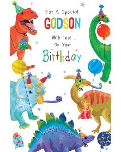 Special Godson On Your Birthday Card. Dinosaur Themed. 23xs15cm