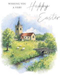 Wishing You A Very Happy Easter Card. Church Scene. 19x13m