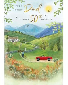 Dad 50th Birthday Card. Countryside Scene. 23x15cm